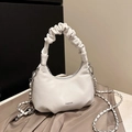 White ruched dumpling handbag with a curved handle and a woven metal chain strap - White Without Pendant