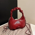 Chic red patent leather crescent handbag with pleated handle and silver fashion lettering - Wine Red Without Pendant