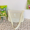 Chic beige canvas messenger bag with transparent window and white lace trim detail - No Star Badge / White
