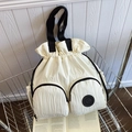 Sac fourre-tout à cordon blanc crème avec texture plissée et anses noires tissées - Blanc Cassé Grand