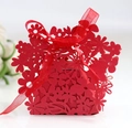 Red laser-cut hollow floral wedding favor box with ribbon for candies and gifts - Pearlescent Red