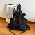 Black utility bucket bag with drawstring closure and multiple functional pockets - Black