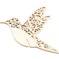 Close-up of laser-cut hummingbird place card with intricate floral heart pattern - Ivory