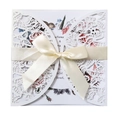 Laser cut butterfly wedding invitation with cream ribbon and floral inner card - White