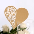 Champagne gold laser-cut heart place card with floral patterns on glass rim - Beige Gold
