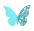 Detailed close-up of sky blue laser-cut butterfly card with intricate floral hollow patterns - Tiffany Blue