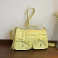 Pale yellow rectangular shoulder bag with bow details and wrinkled PU leather texture - Yellow