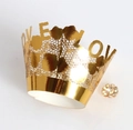 Golden laser-cut lace cupcake wrapper with crown shape and Love You honeycomb pattern - Reflective Gold