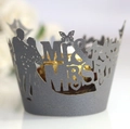 Macro shot of laser-cut Mr & Mrs paper cupcake wrapper with elegant wedding silhouette - 5cm / Silver Charcoal