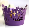 Purple laser-cut Mr & Mrs cupcake wrappers with wedding silhouettes and butterflies - 5cm / Dark Purple