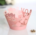 Pink LOVE laser cut cupcake wrapper with intricate lace heart pattern for wedding decor - Pink