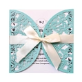 Détails de faire-part de mariage découpé au laser avec nœud papillon en ruban satin - Bleu Tiffany