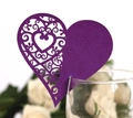 Elegant purple heart-shaped laser-cut place cards with glitter finish for wine glasses - Dark Purple
