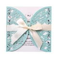 Light blue laser-cut butterfly wedding invitation with white ribbon and printed insert - Tiffany Blue