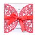 Laser cut butterfly wedding invitation in deep pink with a vibrant red satin ribbon - Pearlescent Red