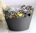 Dark grey laser-cut heart pattern cupcake wrappers with matte glitter finish decoration - 5cm / Silver Charcoal