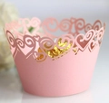 Pink laser-cut cupcake wrapper with elegant hollow heart patterns for dessert decoration - 5cm / Pink