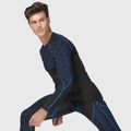 Men's compression suit with blue hexagonal honeycomb patterns on black dry-fit fabric - Blue Mesh