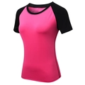 Women's rose pink raglan yoga t-shirt with black contrast side panels and slim fit design - Rose Red