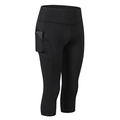 Women's black high-waisted yoga capris with functional side pocket for mobile phone - S / Bottoms / Black