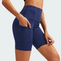 Women's high waist yoga shorts in navy blue with side pockets for athletic training - S / Bottoms / Navy Blue
