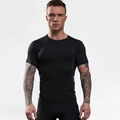 T-shirt a compressione nera da uomo con cuciture laterali grigie per sport - M / Nero-Linea Blu