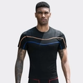 T-shirt de compression noir pour homme avec coutures contrastées orange et bleu - 2XL / Noir