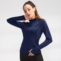Women's slim fit navy blue long sleeve sports top with half-zipper and thumb holes - S / Tops / Navy Blue