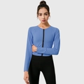 Women's light blue long sleeve yoga top with full black zipper and elastic slim fit - S / Grey Blue