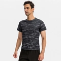 Men's sports t-shirt featuring grey camouflage pattern and breathable mesh fabric - 2XL / Black