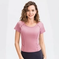 Camiseta de yoga ajustada rosa para mujer con mangas cortas raglán y cuello redondo - S / Rosa Pétalo