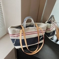 Chic cream canvas tote bag with navy and red stripes featuring leather handles - Off White