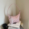 Pink quilted hobo bag with silver rhinestones and a lace pearl bow charm - Pink with Pendant