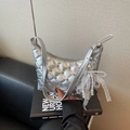 Silver quilted hobo bag with rhinestone embellishments and pearl bow charm - Silver (With Pendant)