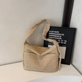 Large beige quilted shoulder bag with wave texture and silver logo plate - Khaki