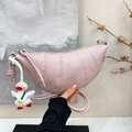 Pale pink crescent bag in litchi leather with cute duck charm and slim handles - Rose Pink with Pendant