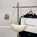 Beige crescent-shaped croissant bag with litchi grain texture and knotted strap - Cream White Without Charm