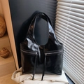 Glossy black patent leather hobo bag with dual zipper detail and long leather tassels - Black
