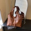 Brown vintage large capacity PU leather tote bag with stylish dual front zipper pockets - Brown
