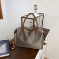 Large taupe nylon tote bag with brown faux leather handles and detachable shoulder strap - Large / Khaki