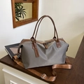 Large taupe nylon tote bag with brown leather handles and adjustable shoulder strap - M / Khaki