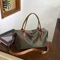 Olive green nylon tote bag with brown leather handles and adjustable shoulder strap - M / Green