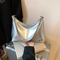 Silver metallic oil wax leather hobo bag with vintage textured finish and metal logo - Silver No Pendant