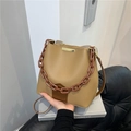 Brown bucket bag with lychee texture faux leather and thick decorative chain - Khaki