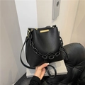 Black lychee texture bucket bag with chain strap and gold hardware detail - Black