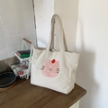 Cream corduroy tote bag with pink cartoon cat embroidery and dual top handles - Beige Corduroy