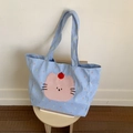 Blue and white checkered tote bag with pink cat embroidery and long shoulder straps - Blue Small Plaid