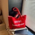 Borsa tote in tela rossa con stampa di lettere e manici a righe rosse e bianche - Rosso
