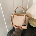 Beige litchi grain leather handbag with mini pouch accessory and dual handles - Khaki