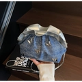 Bolso de hombro en denim azul y cuero plateado con dijes de mariposas metálicas - Azul Denim